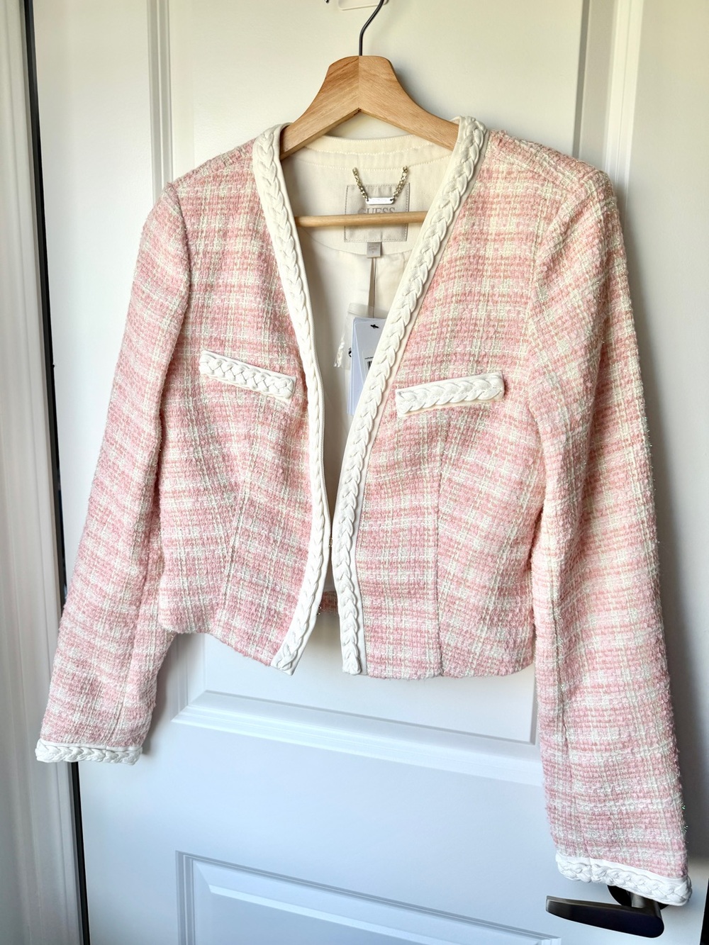 🎀 GUESS Pink Bouclé Tweed Jacket – Size Small – NWT